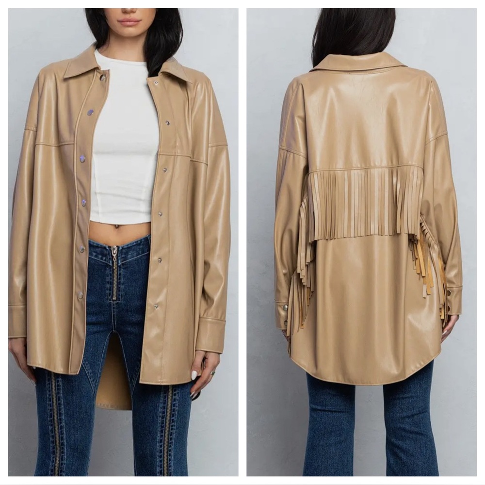 Tan Faux Leather Women's Fringed Jacket